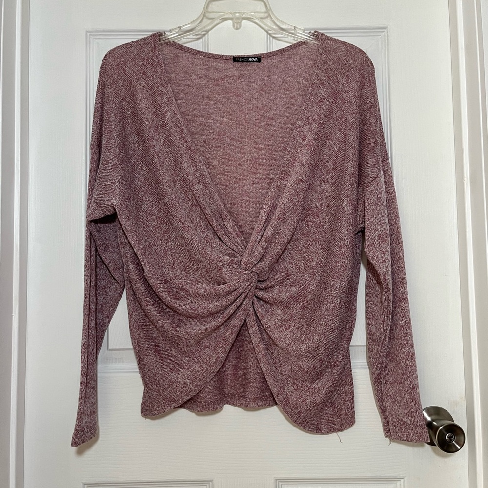 Fashion Nova Dusty Rose and White variegated Knotted Lightweight Sweater
